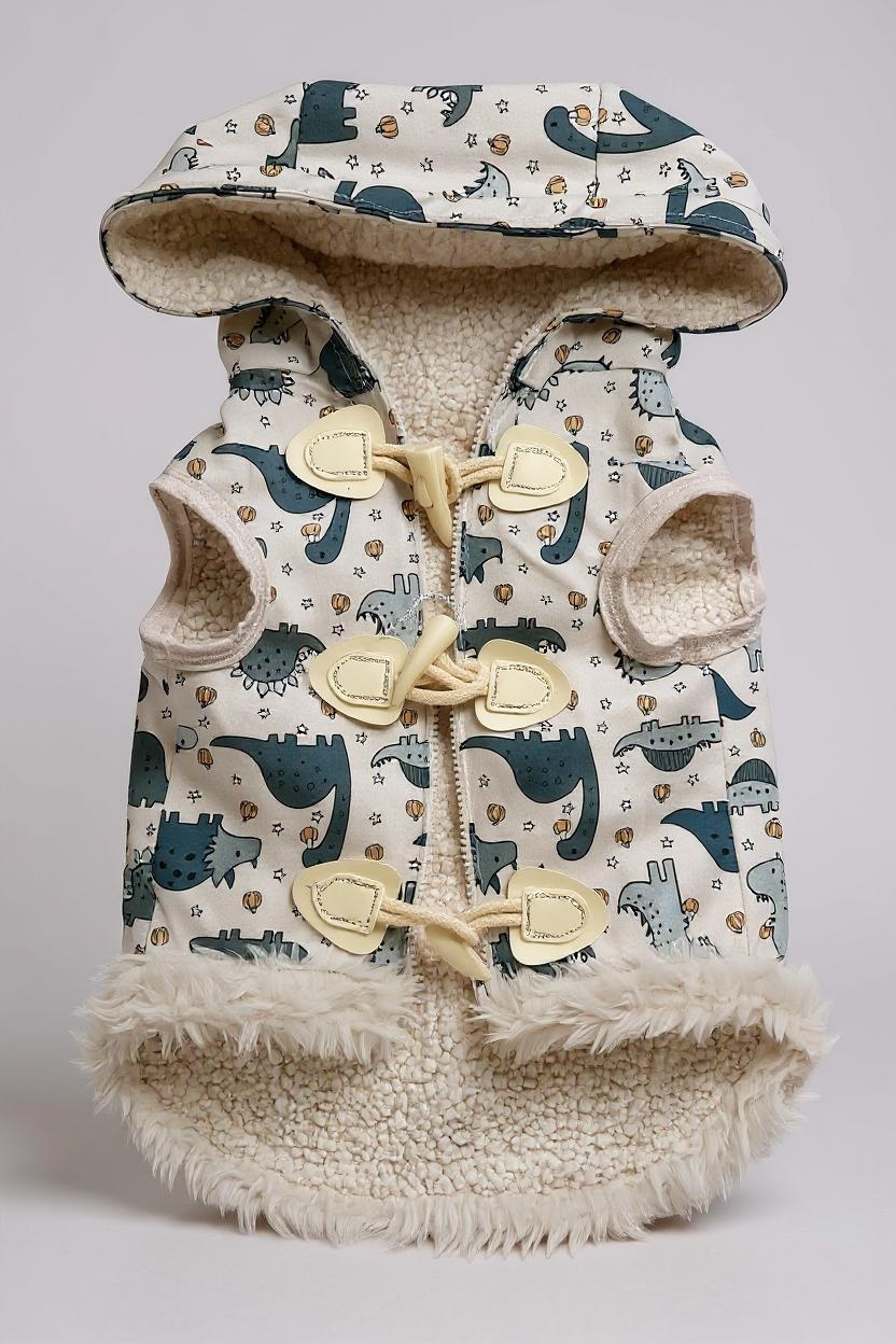 Dinosaur Print Dog Jacket with Hood & Pockets