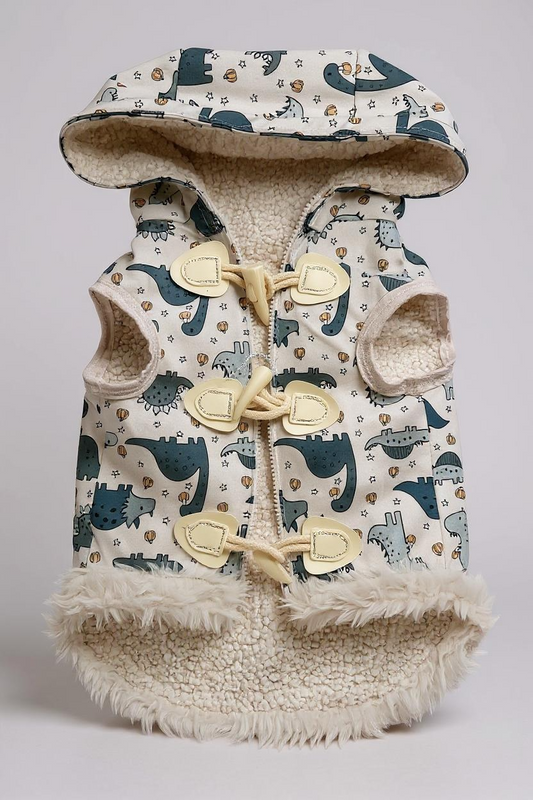 Dinosaur Print Dog Jacket with Hood & Pockets