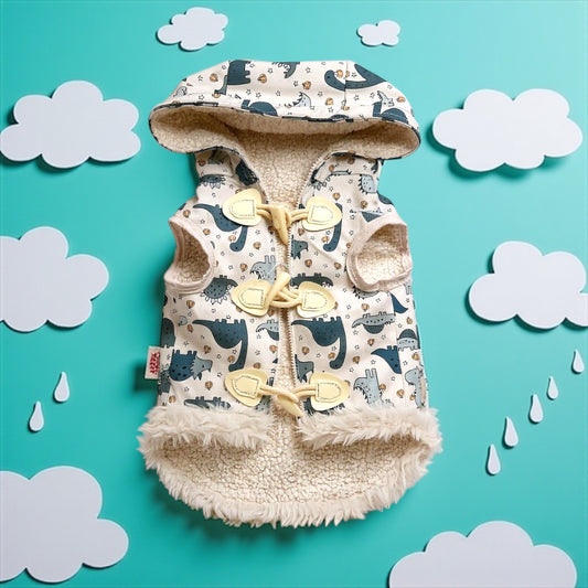 Dinosaur Print Dog Jacket with Hood & Pockets