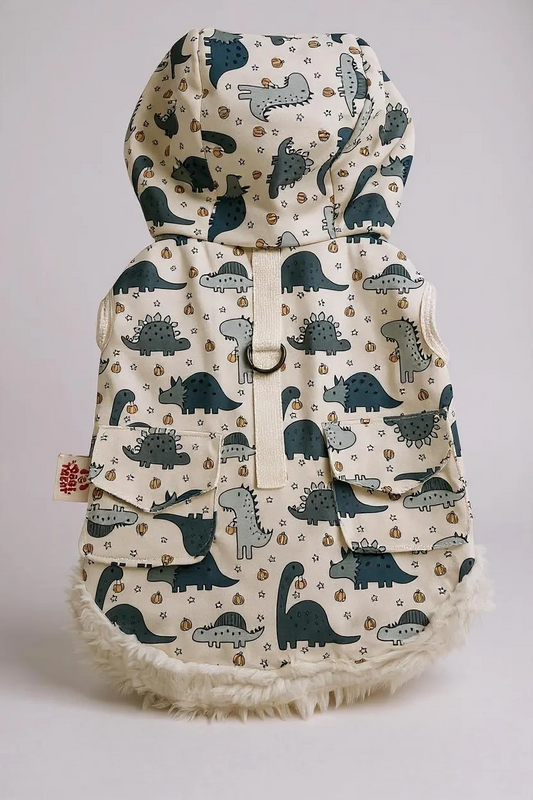 Dinosaur Print Dog Jacket with Hood & Pockets