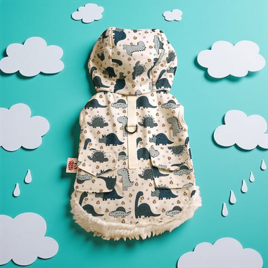 Dinosaur Print Dog Jacket with Hood & Pockets
