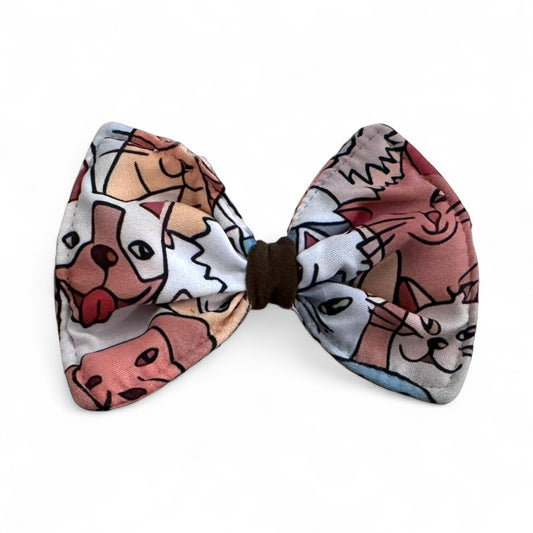 Dog & Cat Faces Bow Tie-Cartoon Pet Print Collar Accessory