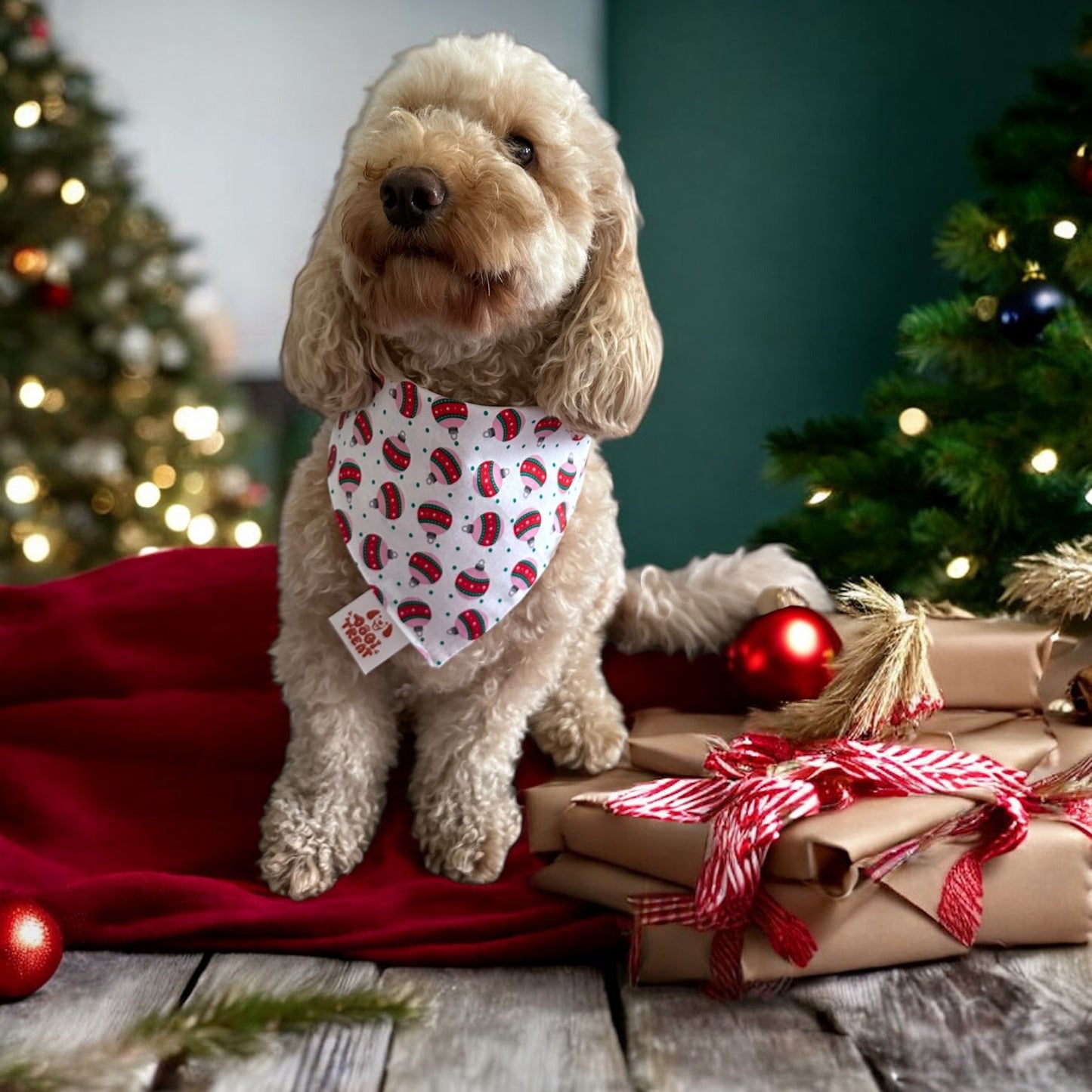 Christmas Santa Face - Green & Ornaments Bandana